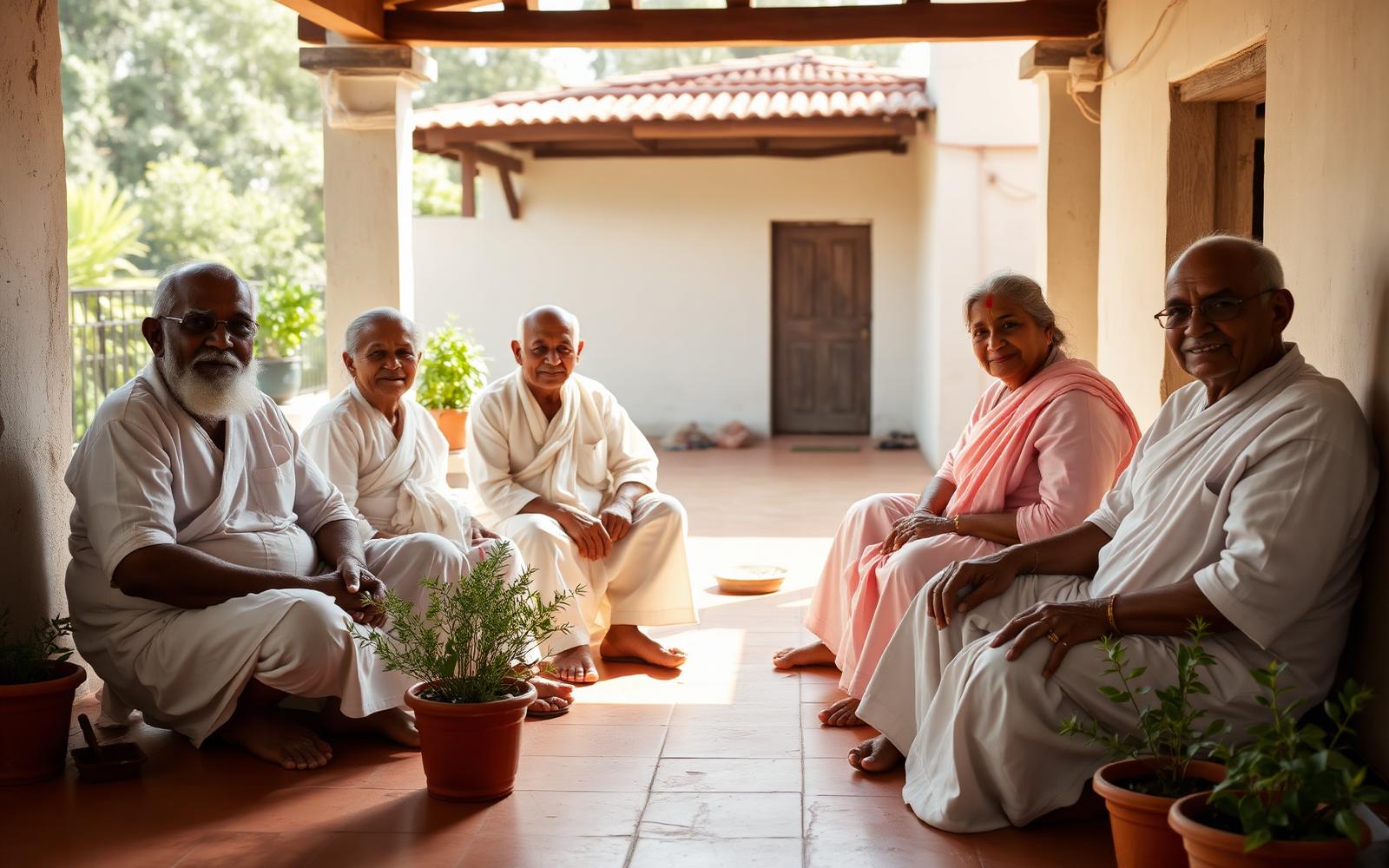 Elderly residents seated together on a sunlit ashram veranda